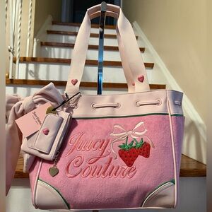 Juicy Couture Pink & Cream Strawberry Tote with Green Bow Accent